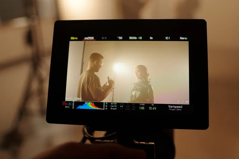 A camera monitor framing two actors on set