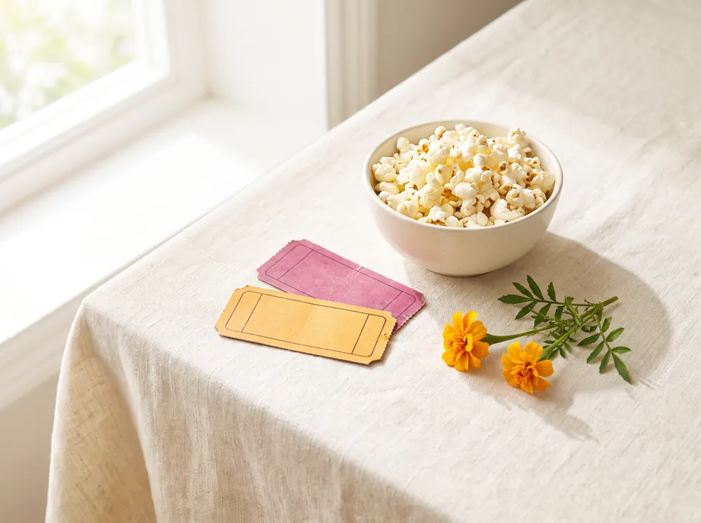 Two cinema tickets in magenta and marigold beside a bowl of popcorn and marigold flowers