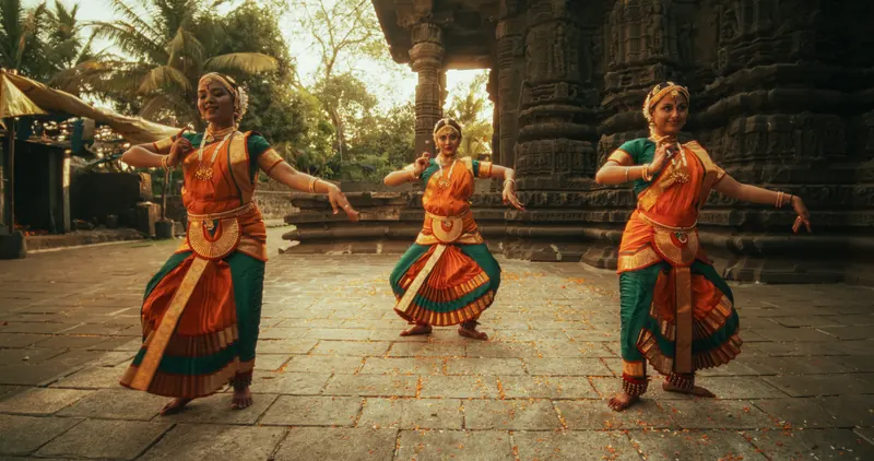 Classical Indian dancers performing at a temple