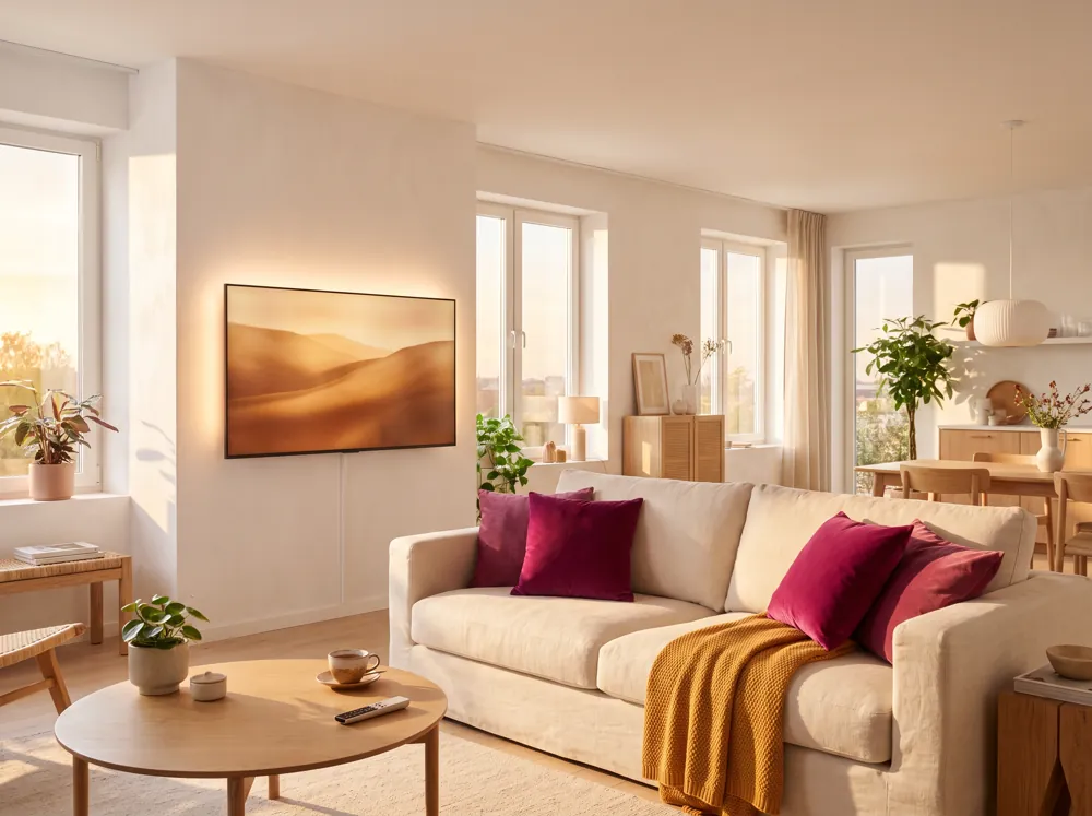A bright living room with a softly glowing television, a cream sofa and magenta cushions