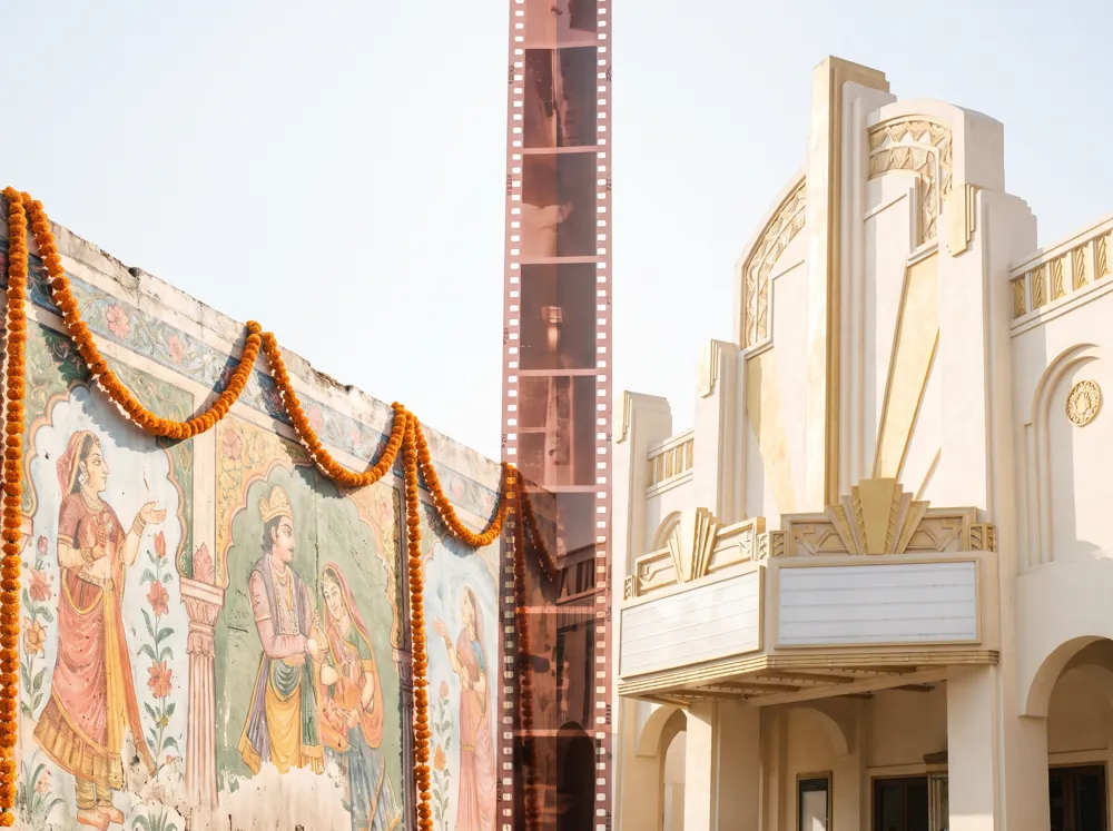 A hand-painted Indian film backdrop with marigold garlands beside an Art Deco movie palace, joined by a strip of film