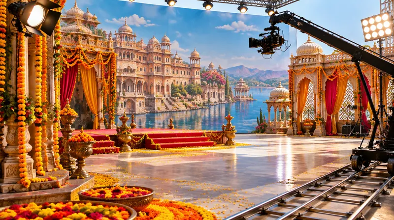 An empty film set with a painted palace backdrop and marigold garlands