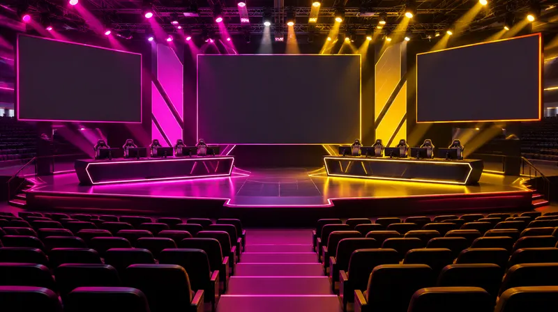 An empty esports arena lit in magenta and marigold