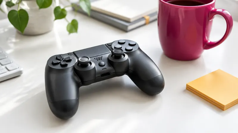 A game controller on a white desk beside a magenta mug