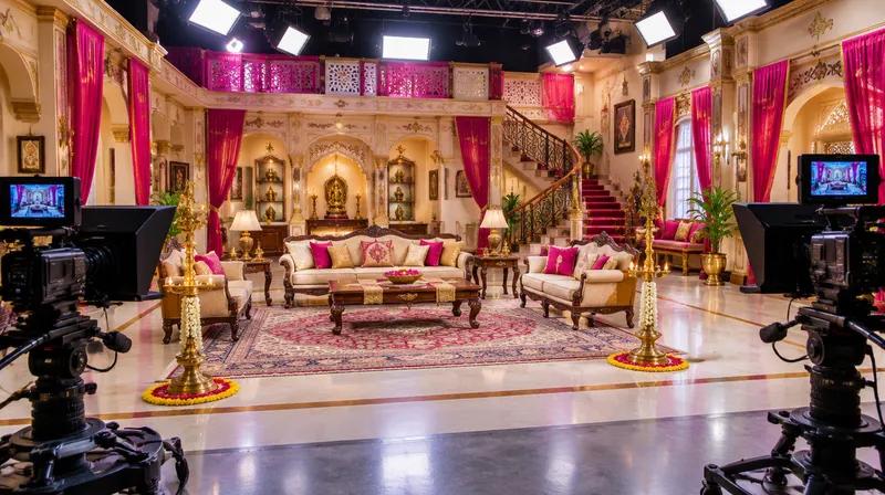 An empty television drama set with brass lamps and magenta drapes