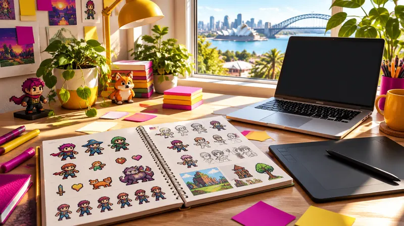 A game developer's desk with pixel art sketches and a laptop