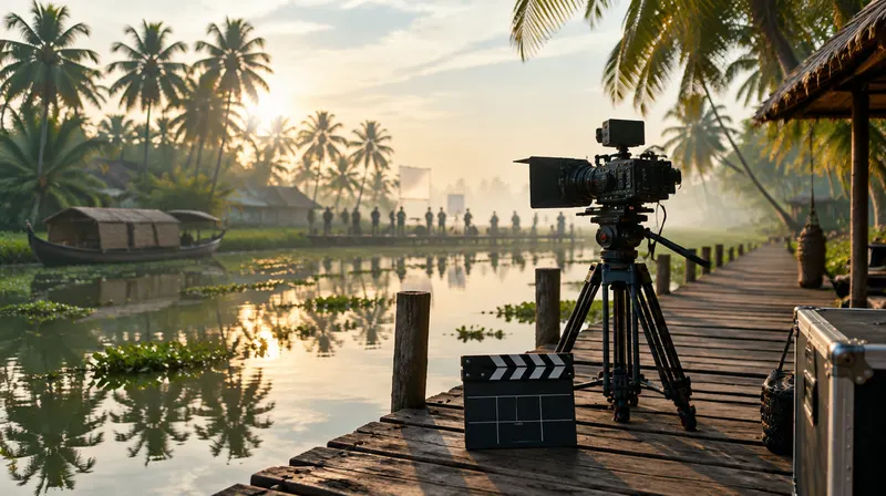 A film camera and clapperboard on a backwater jetty