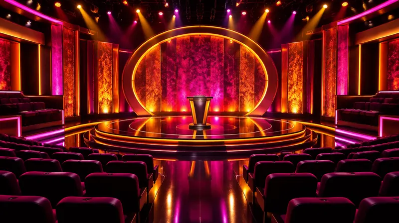 An empty reality show stage lit in marigold and magenta