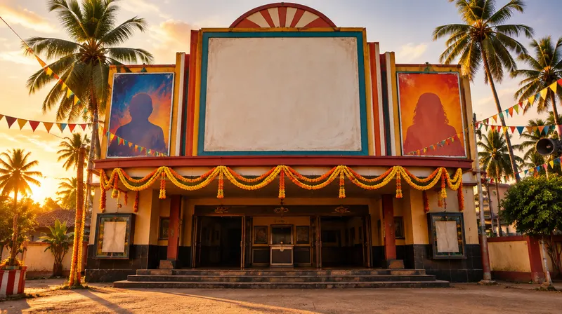 A single-screen cinema decorated with marigold garlands
