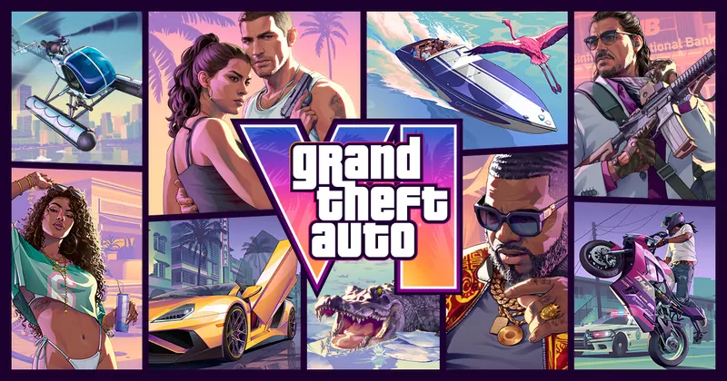 Grand Theft Auto VI key art collage with Lucia and Jason beside the game logo