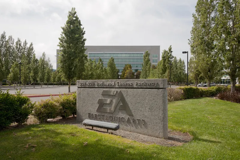 Electronic Arts sign outside the company's headquarters buildings in Redwood City