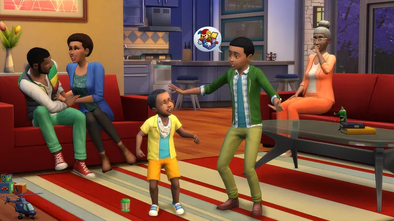 A family of Sims chatting in a colourful living room