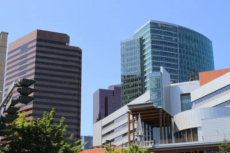 Skyline Tower office building in downtown Bellevue beside a Microsoft tower