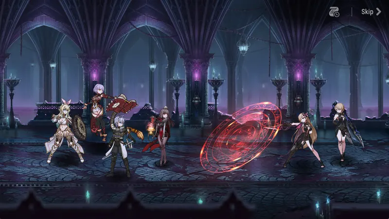 Epic Seven heroes lined up for battle in a gothic hall