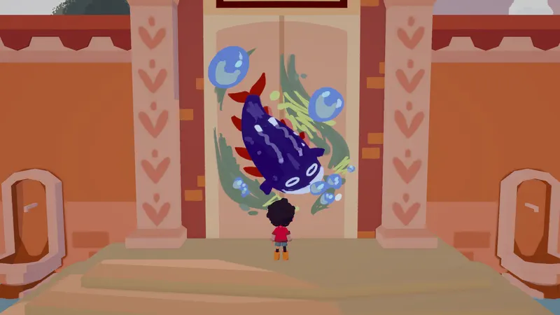 A cartoon artist stands before a doorway decorated with a large purple fish