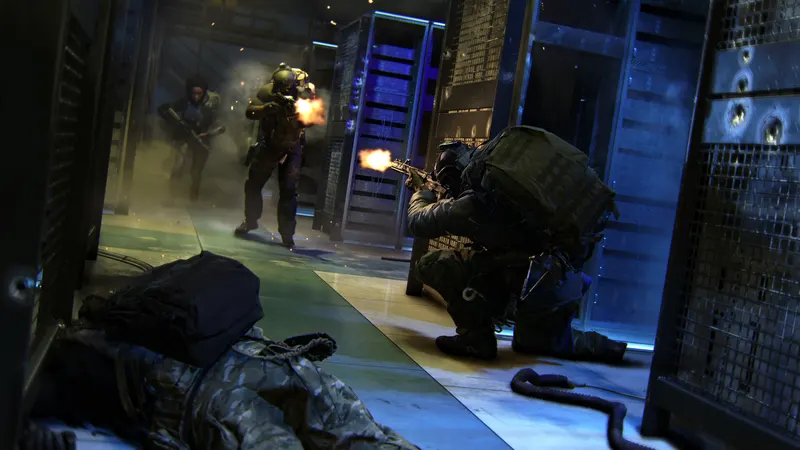 Soldiers exchanging fire inside a dimly lit facility