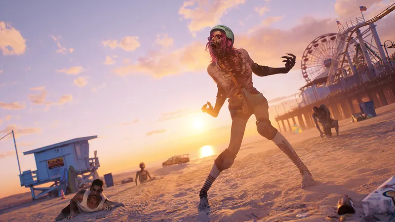 A zombie lurching across a Los Angeles beach at sunset near a pier Ferris wheel