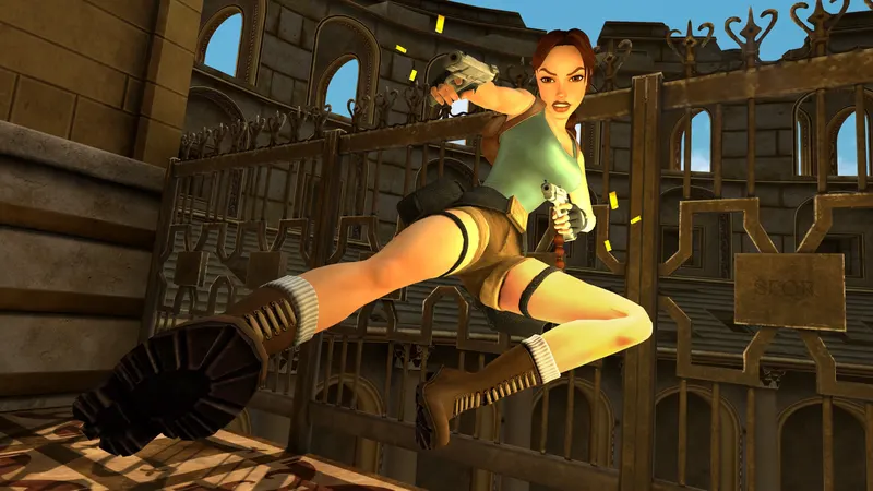 Lara Croft leaping with twin pistols in an ancient colosseum