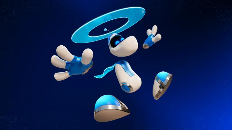 Rayman in an Astro Bot style costume with floating limbs and a blue halo