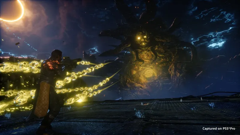 A Saros soldier firing glowing projectiles at a giant tentacled creature