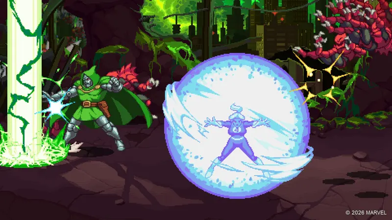 Pixel art Doctor Doom facing the Invisible Woman inside a force field