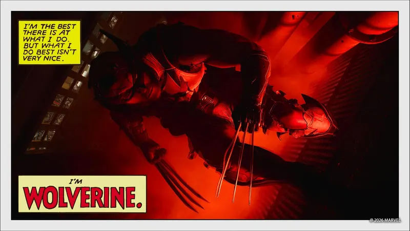 Wolverine with claws out in red light, framed like a comic panel