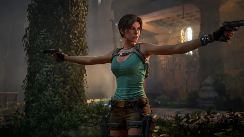 Lara Croft aiming two pistols in a jungle ruin