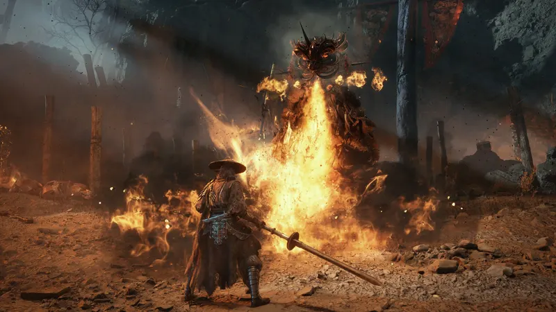 A swordsman facing a flaming boss in Phantom Blade Zero