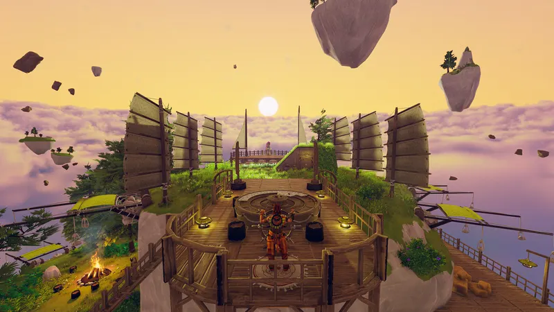 A wooden base on a floating island above the clouds