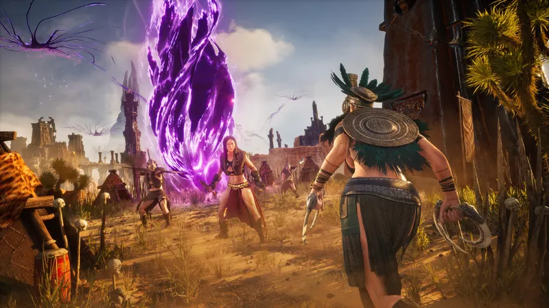 Warriors in a desert facing a swirling purple vortex