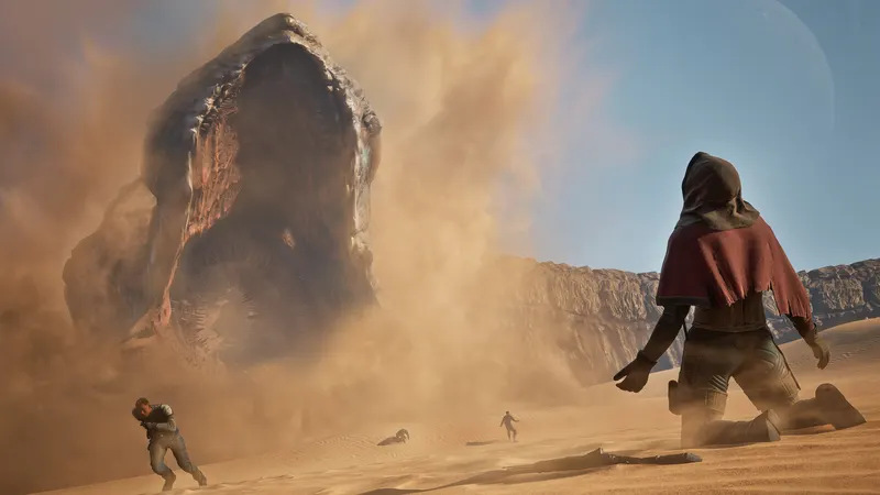A sandworm rising from a sandstorm before a kneeling figure