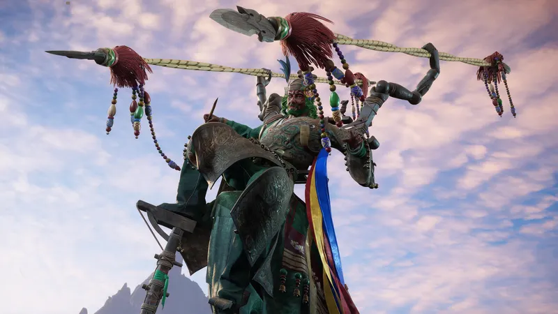 An armoured warrior with a spear against a cloudy sky