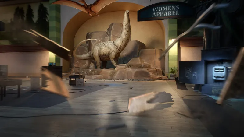 A dinosaur statue in a roadside attraction gift shop with debris flying