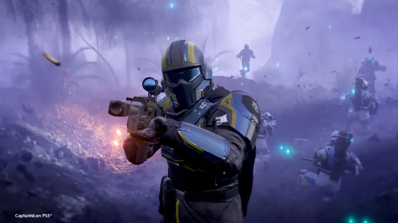 A Helldiver aiming a rifle with squadmates behind