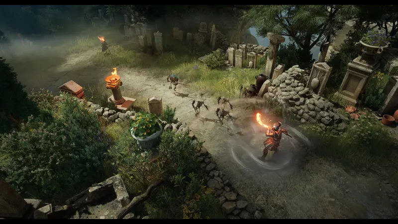A hero fighting creatures on a path among ancient ruins
