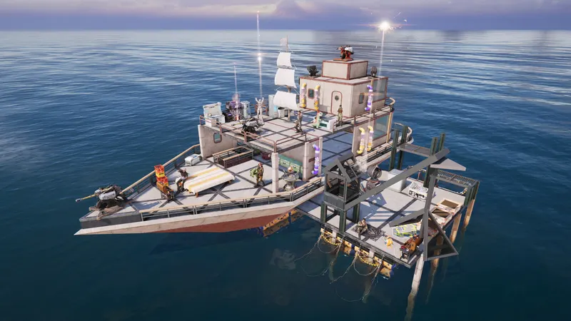 A modular ship with a deck base sailing on open water