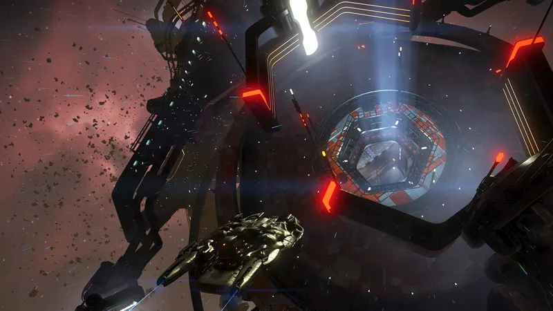 A starship flying near a large space station in No Man's Sky