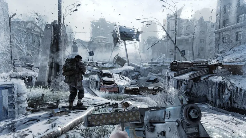 A survivor walking through a snow covered ruined city