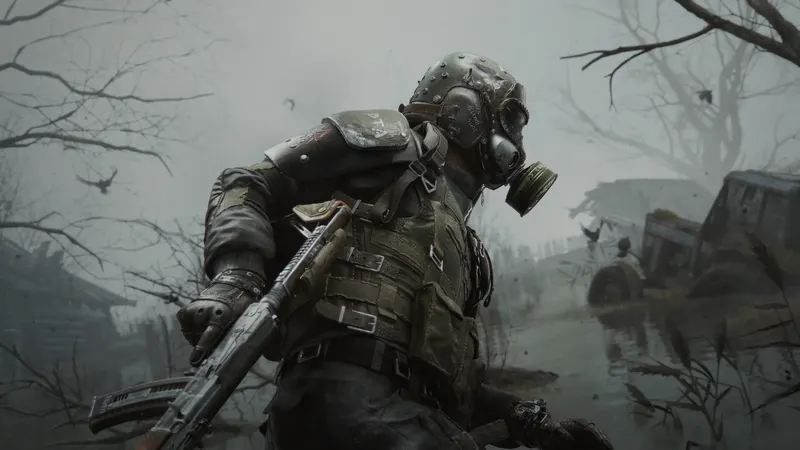 A soldier in a gas mask in a misty wasteland