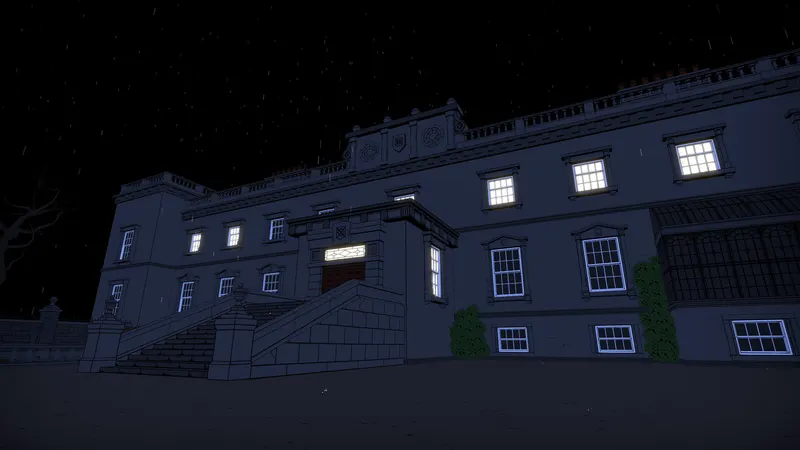 Blake Manor hotel lit up at night in The Séance of Blake Manor
