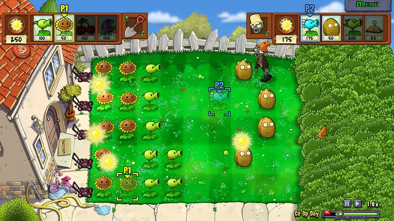 Plants defending a lawn in co-op play in Plants vs. Zombies: Replanted