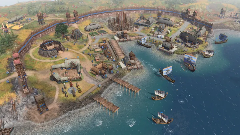 A coastal settlement with longships in Age of Empires IV: Raiders of the North