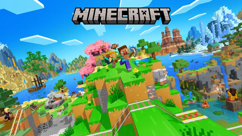 Minecraft key art showing Steve and Alex on a blocky hillside