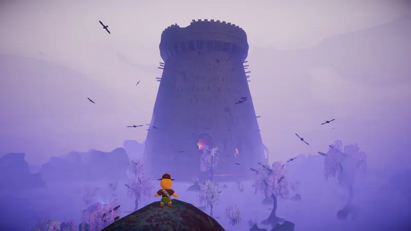 A climber looking up at a tall stone tower in misty terrain in PEAK