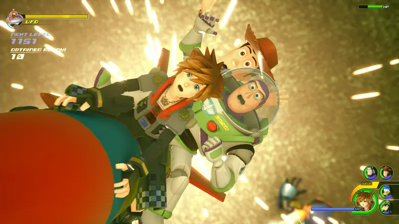 Sora flying alongside Woody and Buzz Lightyear in Kingdom Hearts III