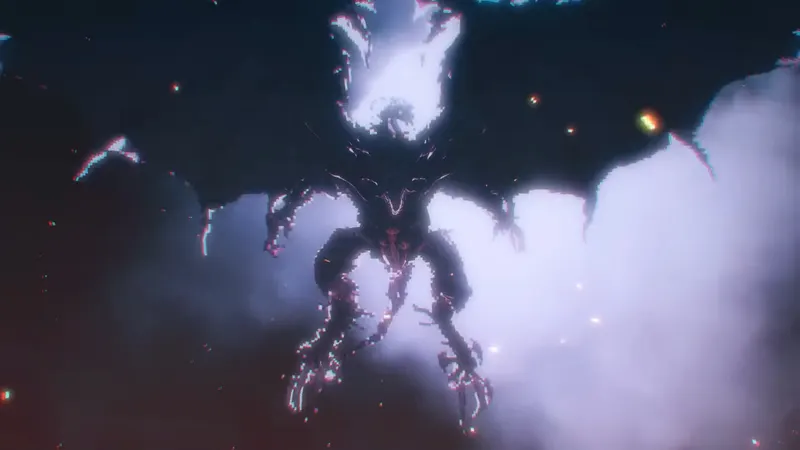 A huge winged creature emerging from glowing mist in Final Fantasy Resonance