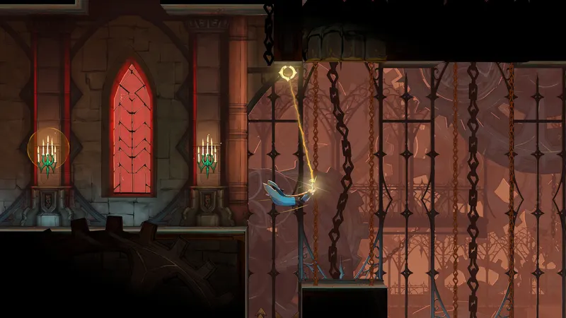 A Belmont swinging from a whip in a gothic castle in Castlevania: Belmont's Curse