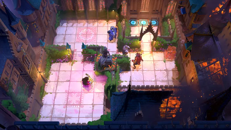 A top-down puzzle room in a moonlit courtyard in Order of the Sinking Star