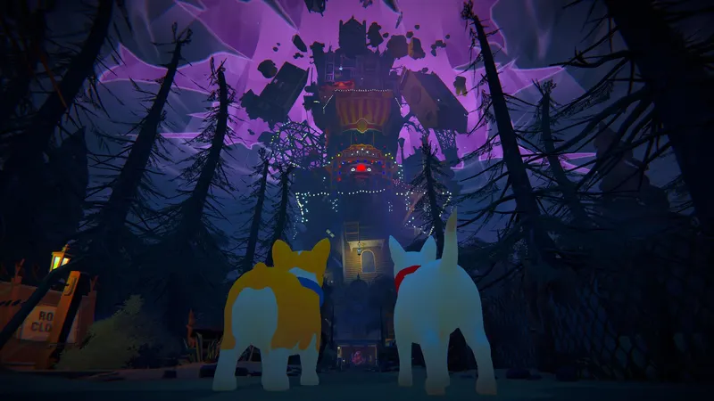 Two puppies facing a haunted mansion at night in Haunted Paws