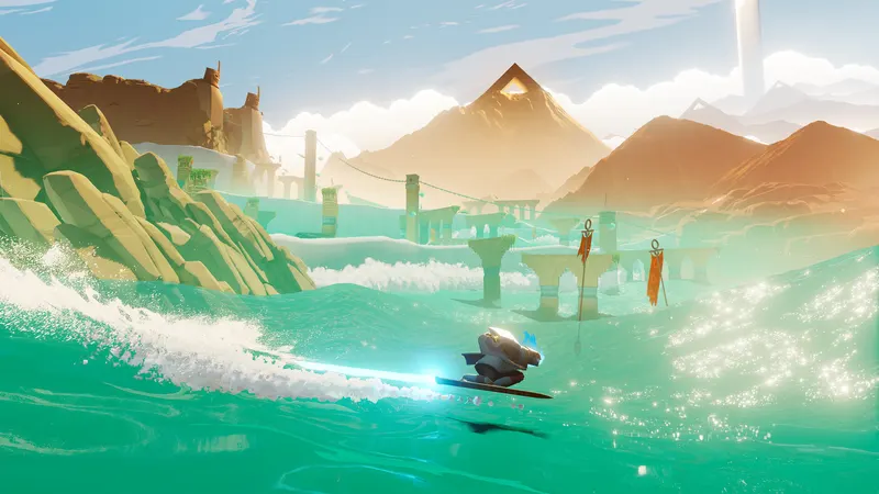 A rider surfing across water on a Hoversword in Sword of the Sea